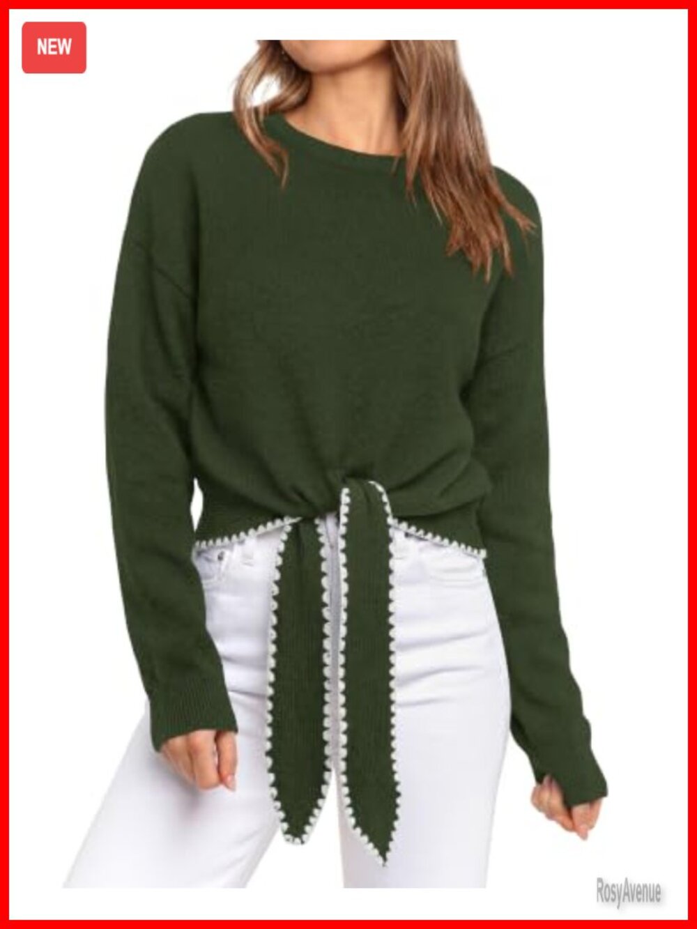 Women's Long Sleeve Tie Front Crop Sweater Crewneck Pullover